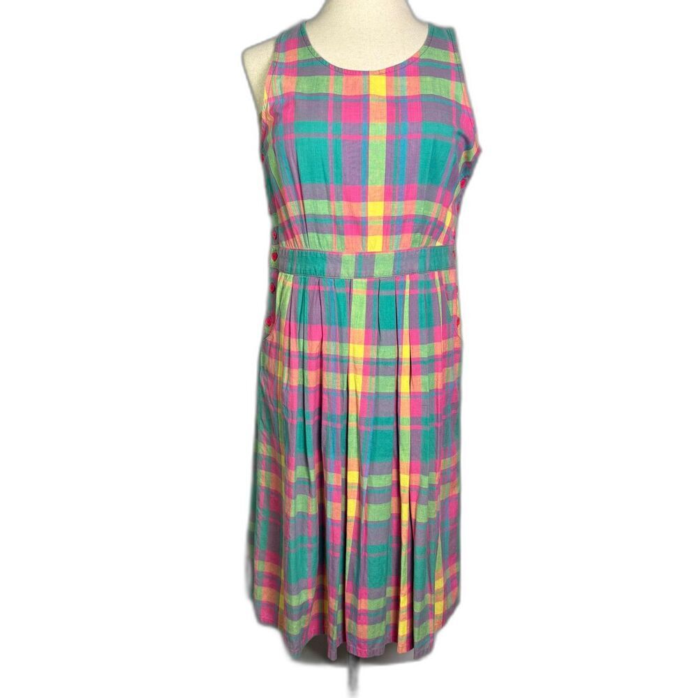 Carmel Vintage 90s, Sz S, Madras Bright Plaid Multicolor Dress, Pleated Pockets